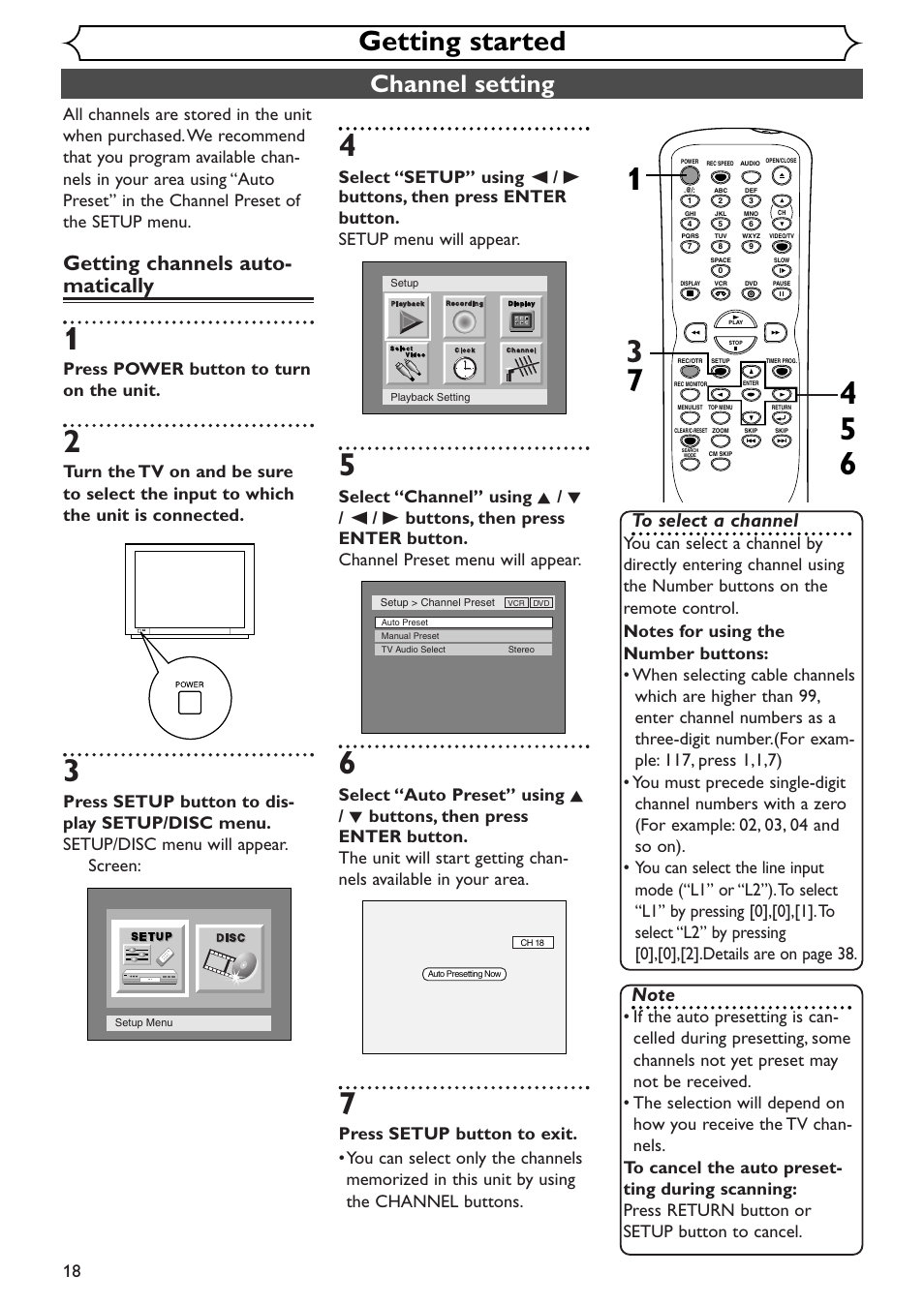 Getting started, Channel setting, Getting channels auto- matically | Press power button to turn on the unit | Sylvania SSR90V4 User Manual | Page 18 / 108