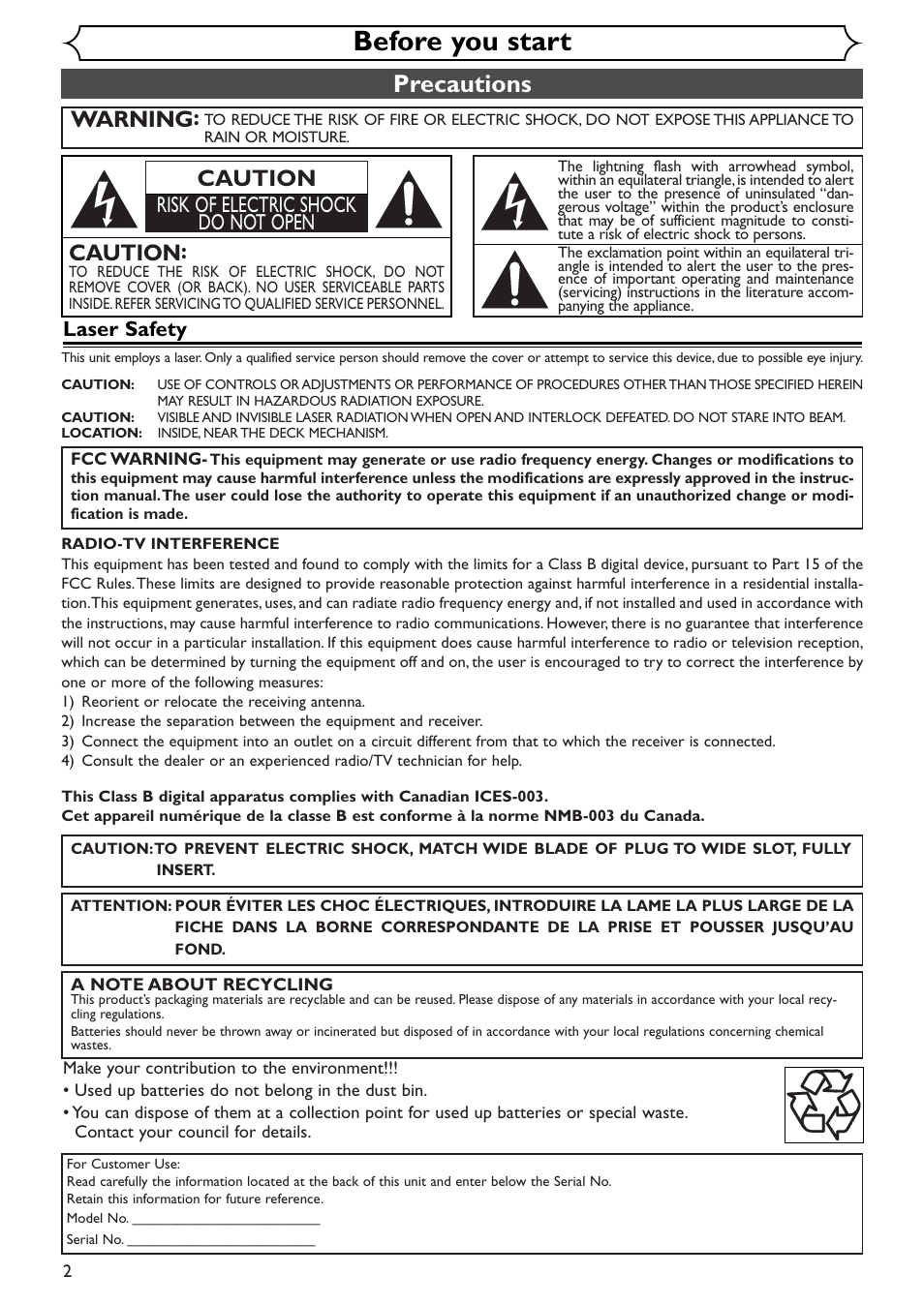 Before you start, Precautions, Warning | Caution, Risk of electric shock do not open, Laser safety | Sylvania SSR90V4 User Manual | Page 2 / 108