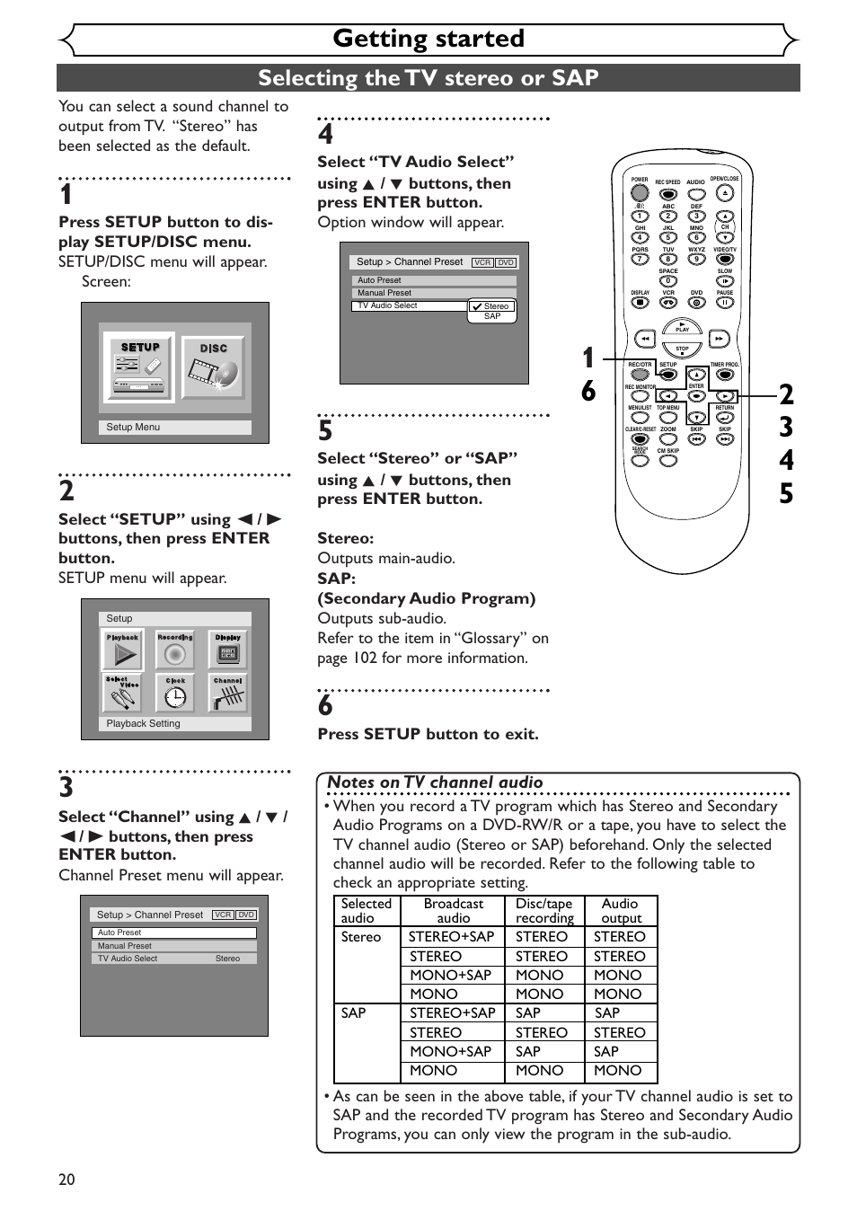 Getting started, Selecting the tv stereo or sap, Press setup button to exit | Sylvania SSR90V4 User Manual | Page 20 / 108