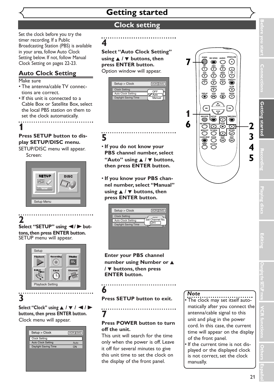 Getting started, Clock setting, Auto clock setting | Press setup button to exit | Sylvania SSR90V4 User Manual | Page 21 / 108