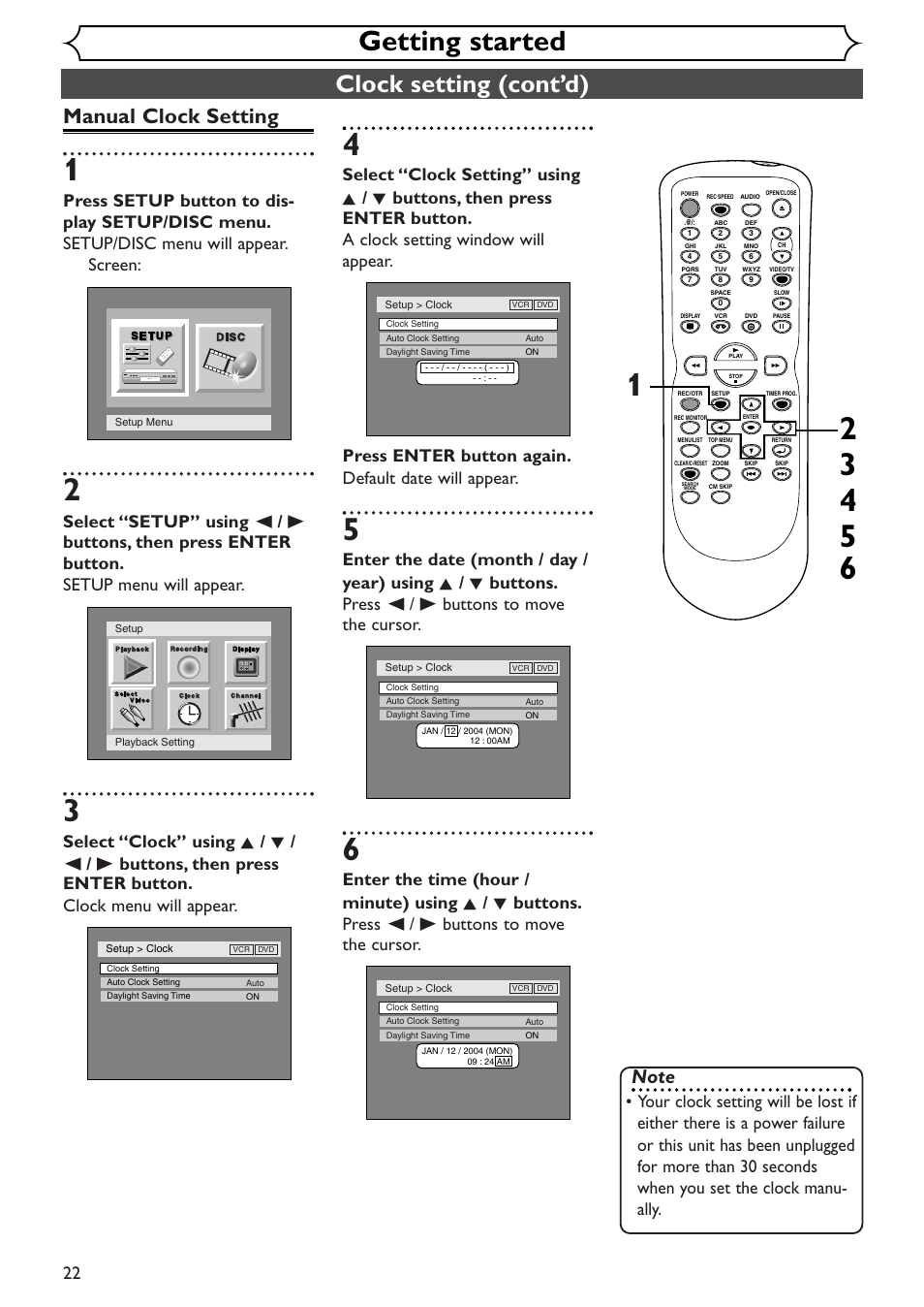 Getting started, Clock setting (cont’d), Manual clock setting | Sylvania SSR90V4 User Manual | Page 22 / 108