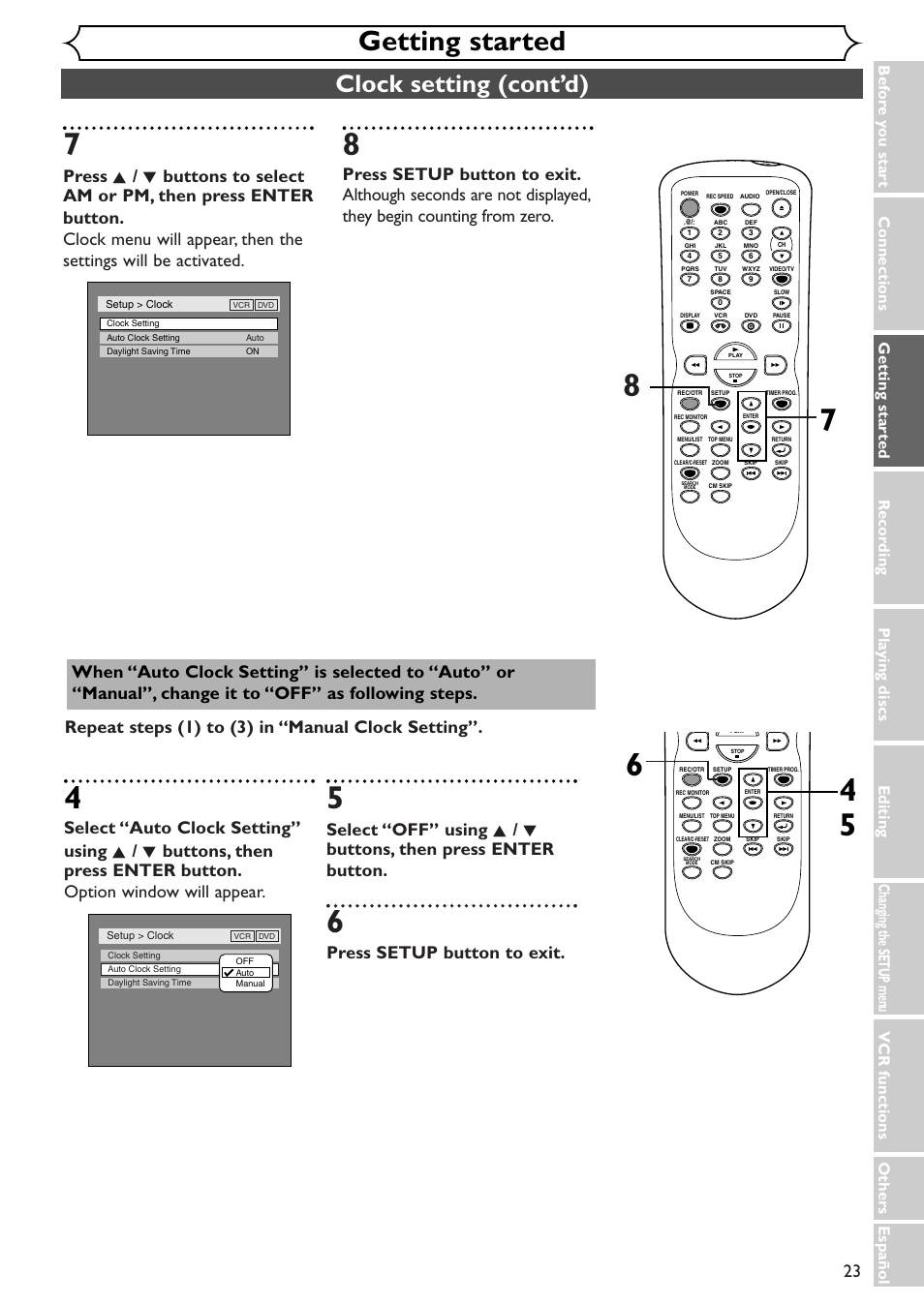 Getting started, Clock setting (cont’d), Press setup button to exit | Vcr functions others español | Sylvania SSR90V4 User Manual | Page 23 / 108