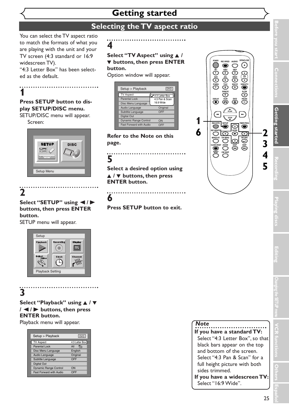 Getting started, Selecting the tv aspect ratio, Press setup button to exit | Vcr functions others español | Sylvania SSR90V4 User Manual | Page 25 / 108
