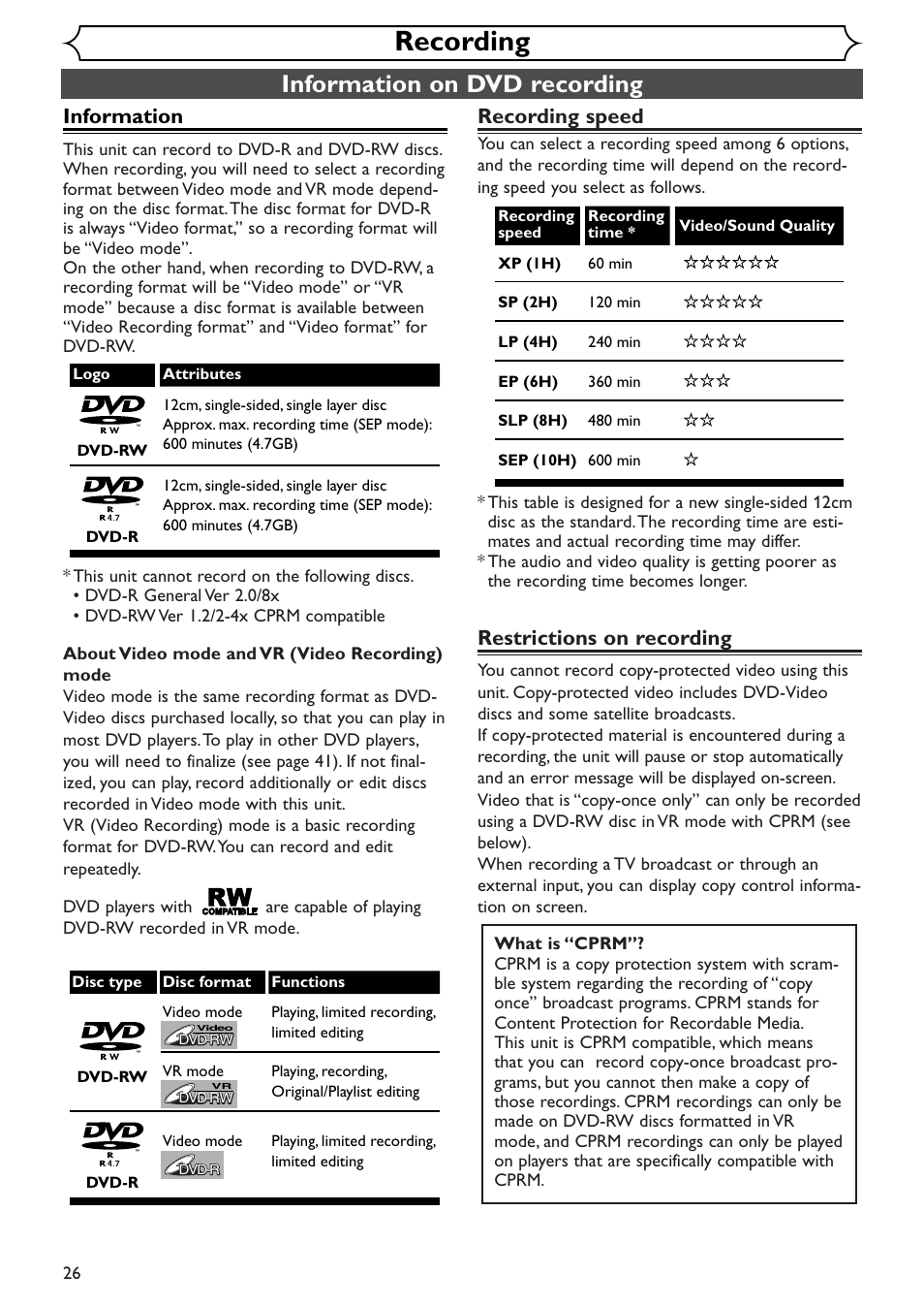 Recording, Information on dvd recording, Information | Recording speed, Restrictions on recording | Sylvania SSR90V4 User Manual | Page 26 / 108