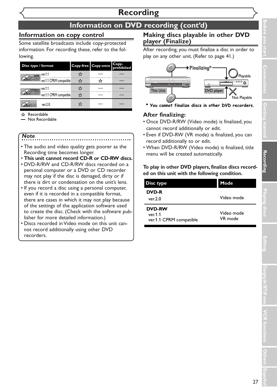 Recording, Information on dvd recording (cont’d), Information on copy control | After finalizing | Sylvania SSR90V4 User Manual | Page 27 / 108