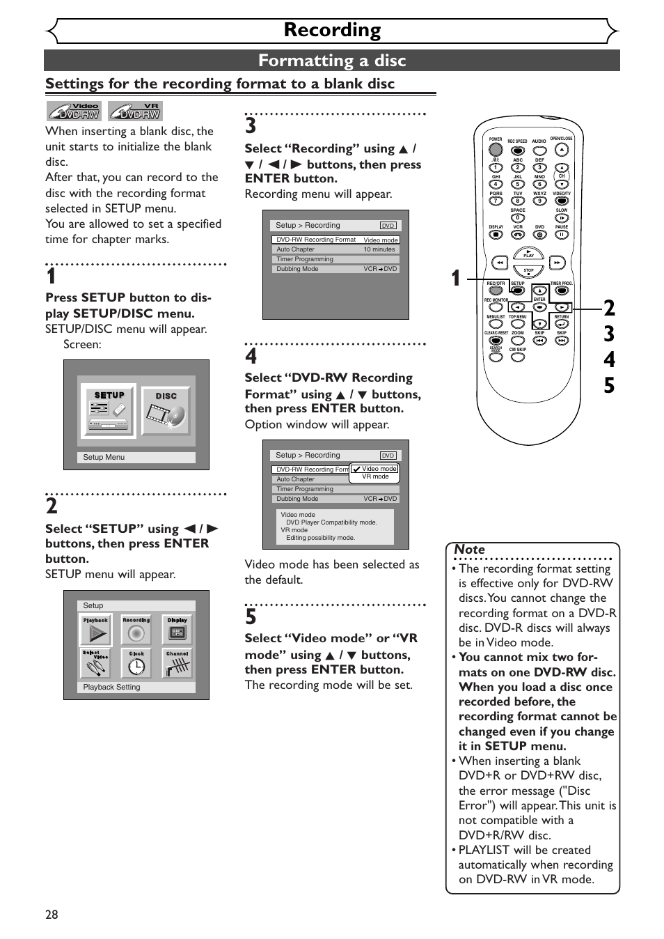 Recording, Formatting a disc, Settings for the recording format to a blank disc | Sylvania SSR90V4 User Manual | Page 28 / 108