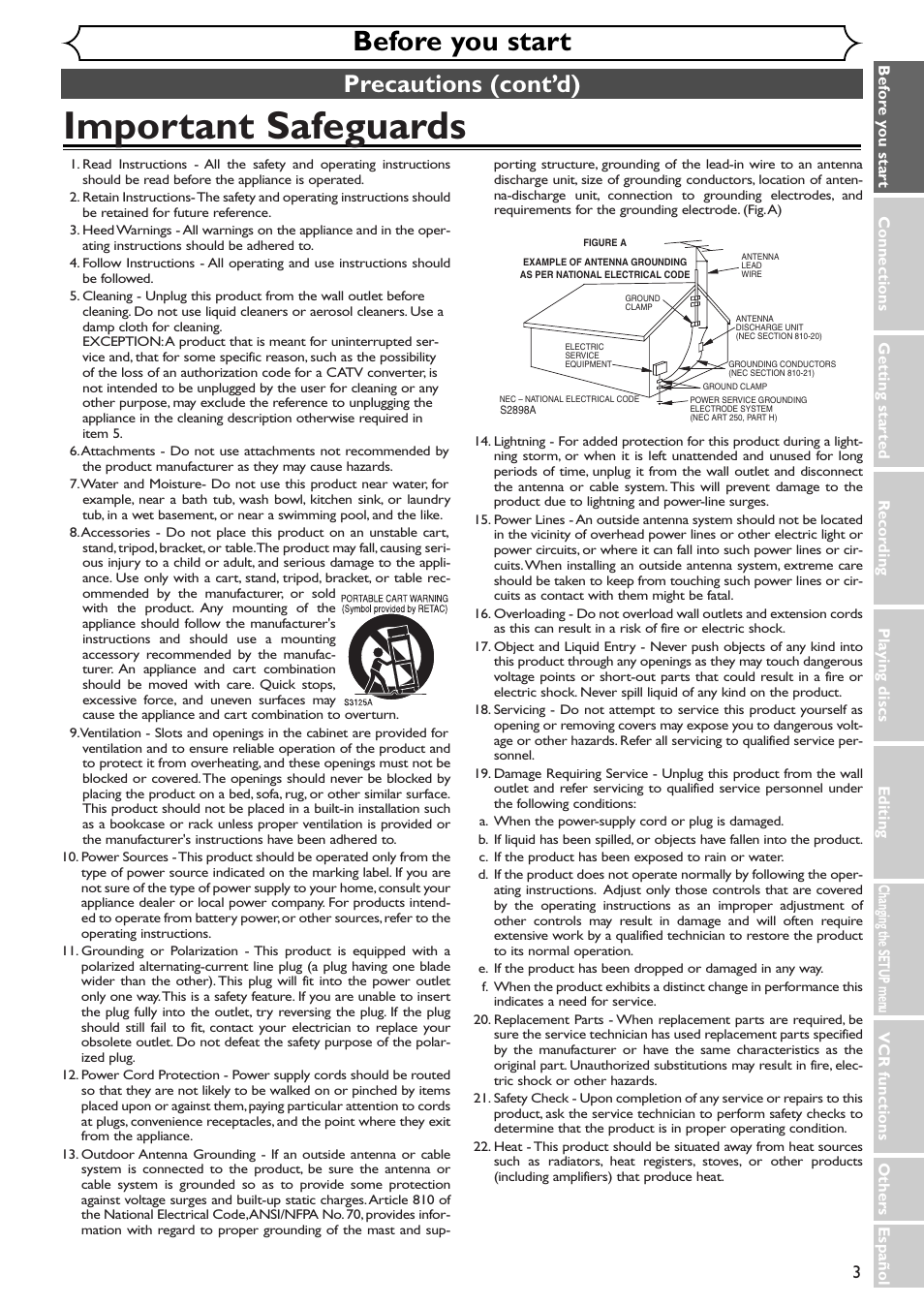 Important safeguards, Before you start, Precautions (cont’d) | Sylvania SSR90V4 User Manual | Page 3 / 108