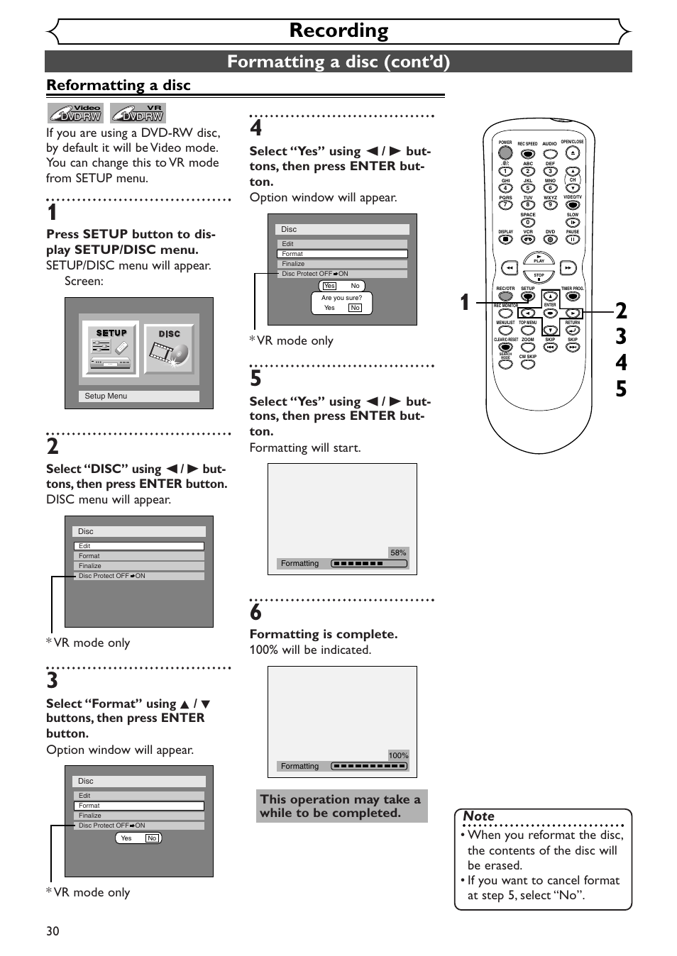 Recording, Formatting a disc (cont’d), Reformatting a disc | Sylvania SSR90V4 User Manual | Page 30 / 108