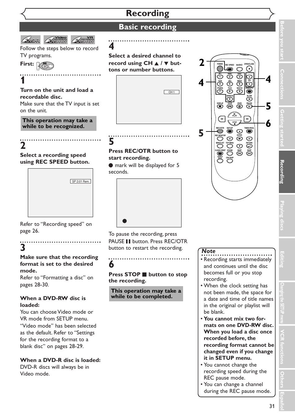 Recording, Basic recording, This operation may take a while to be recognized | Sylvania SSR90V4 User Manual | Page 31 / 108