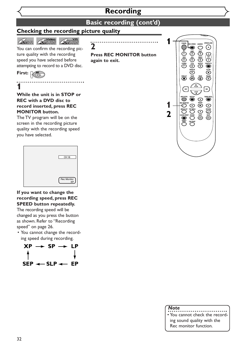 Recording, Basic recording (cont’d), Xp sp lp ep slp sep | Checking the recording picture quality, Press rec monitor button again to exit | Sylvania SSR90V4 User Manual | Page 32 / 108