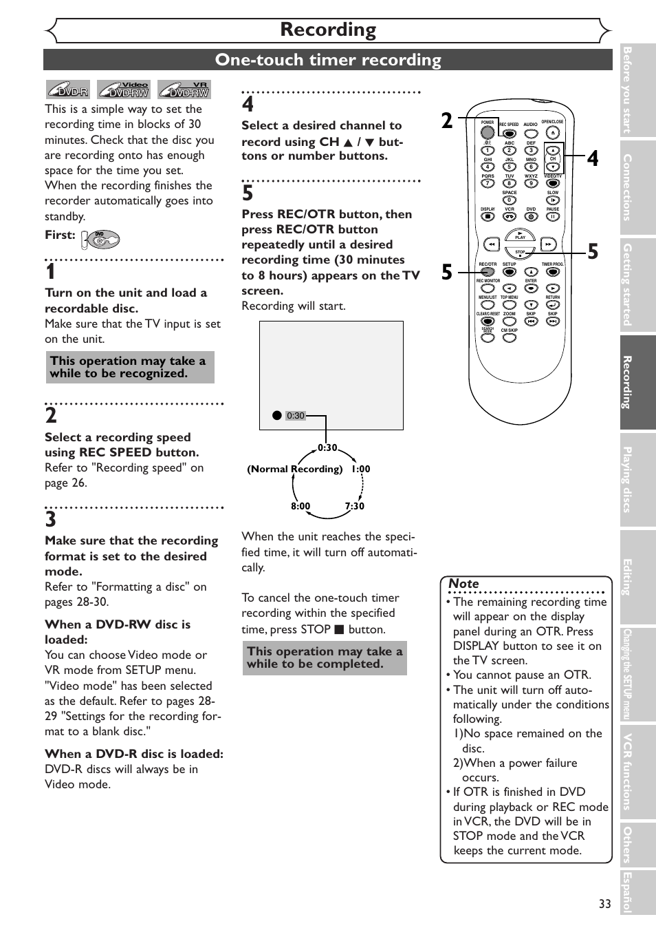 Recording, One-touch timer recording, This operation may take a while to be recognized | Sylvania SSR90V4 User Manual | Page 33 / 108