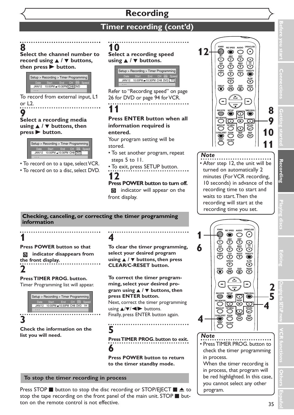 Recording, Timer recording (cont’d), Vcr functions others español | Check the information on the list you will need, Press timer prog. button to exit | Sylvania SSR90V4 User Manual | Page 35 / 108