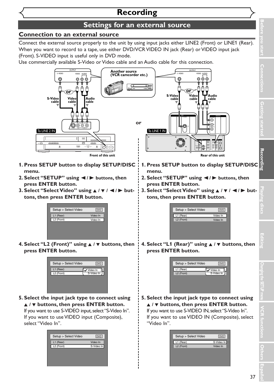 Recording, Settings for an external source, Connection to an external source | B buttons, K/ l / { / b, K/ l | Sylvania SSR90V4 User Manual | Page 37 / 108