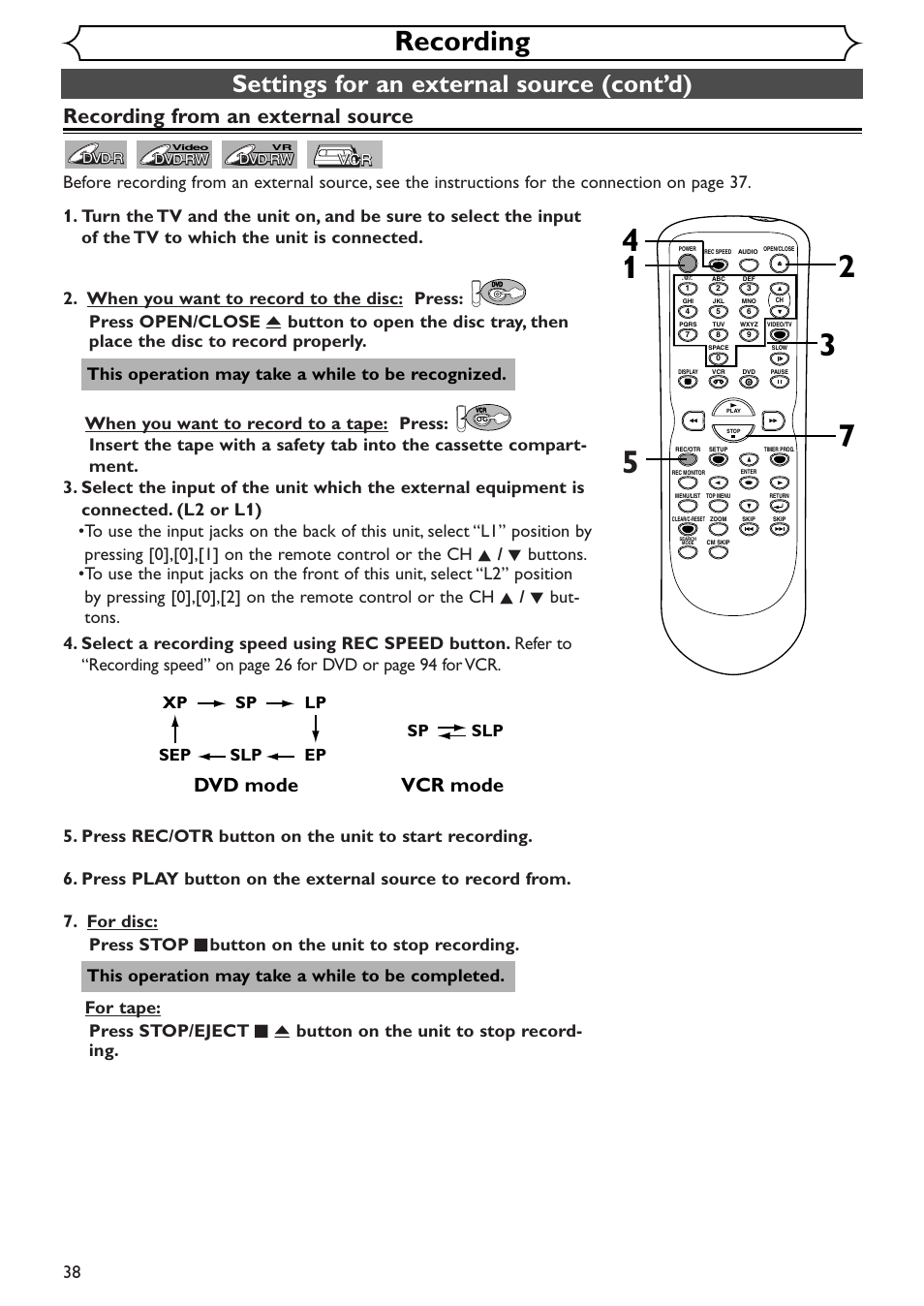 Recording, Settings for an external source (cont’d), Recording from an external source | Vcr mode, Dvd mode, This operation may take a while to be recognized, Sp slp, Xp sp lp ep slp | Sylvania SSR90V4 User Manual | Page 38 / 108