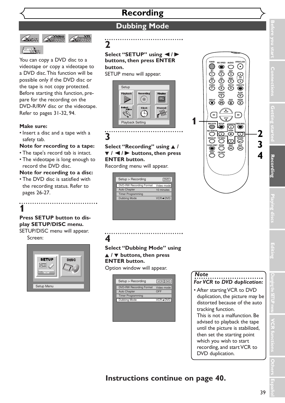 Recording, Dubbing mode, Instructions continue on page 40 | Sylvania SSR90V4 User Manual | Page 39 / 108