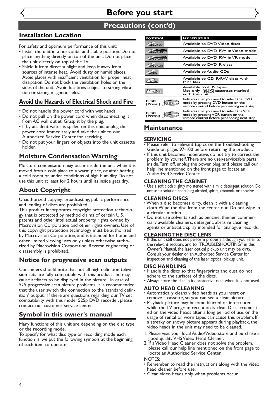 Before you start, Precautions (cont’d), Installation location | Avoid the hazards of electrical shock and fire, Moisture condensation warning, About copyright, Notice for progressive scan outputs, Symbol in this owner's manual, Maintenance, Servicing | Sylvania SSR90V4 User Manual | Page 4 / 108