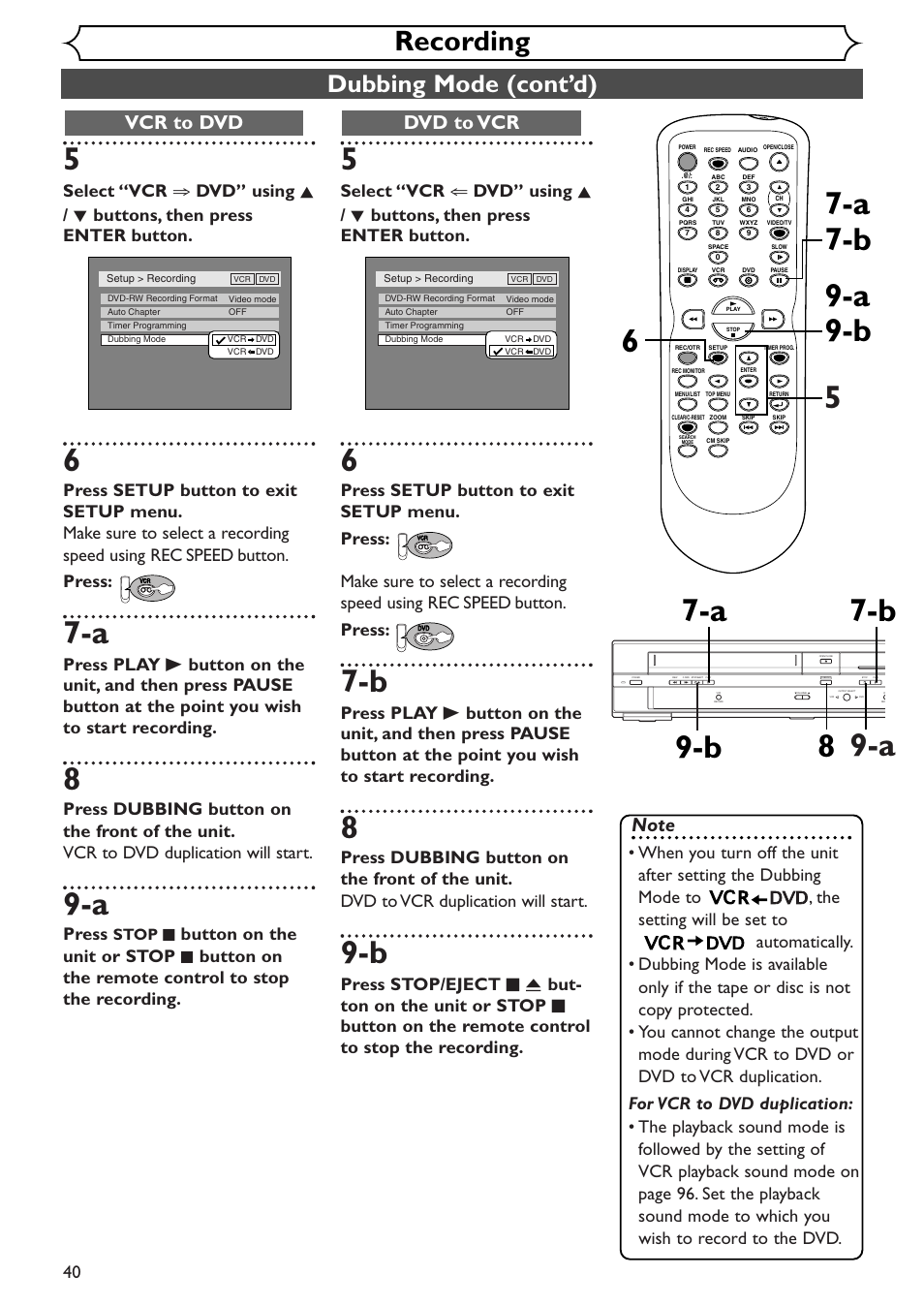 A 9-b, Recording, Dubbing mode (cont’d) | Dvd to vcr, Vcr to dvd, Press, Button on the unit or stop, Button on the remote control to stop the recording | Sylvania SSR90V4 User Manual | Page 40 / 108