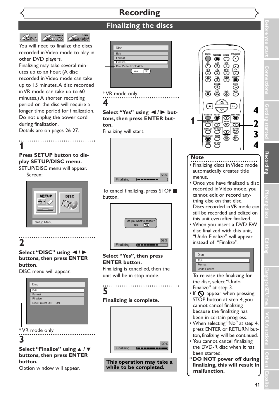 Recording, Finalizing the discs | Sylvania SSR90V4 User Manual | Page 41 / 108