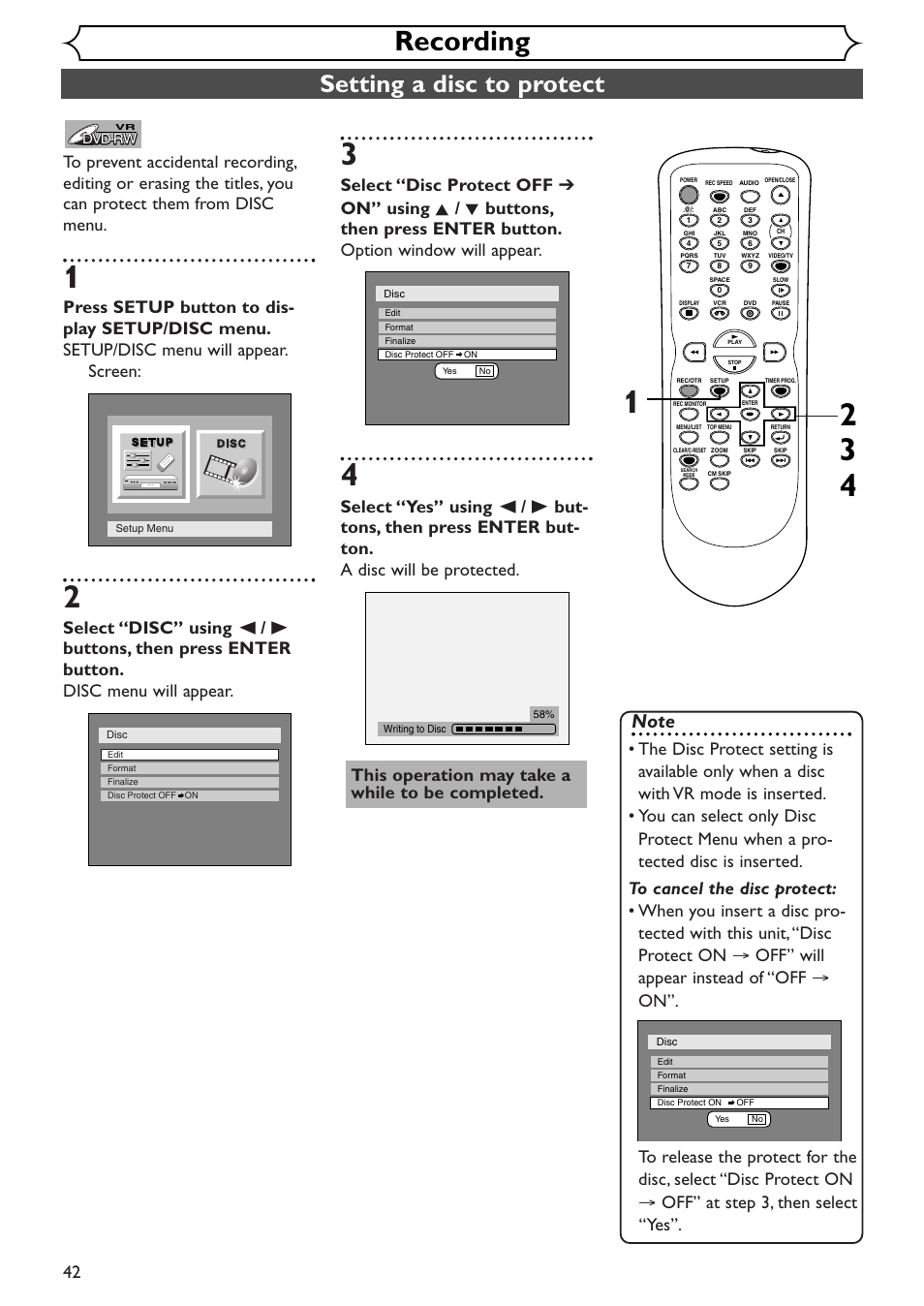 Recording, Setting a disc to protect | Sylvania SSR90V4 User Manual | Page 42 / 108