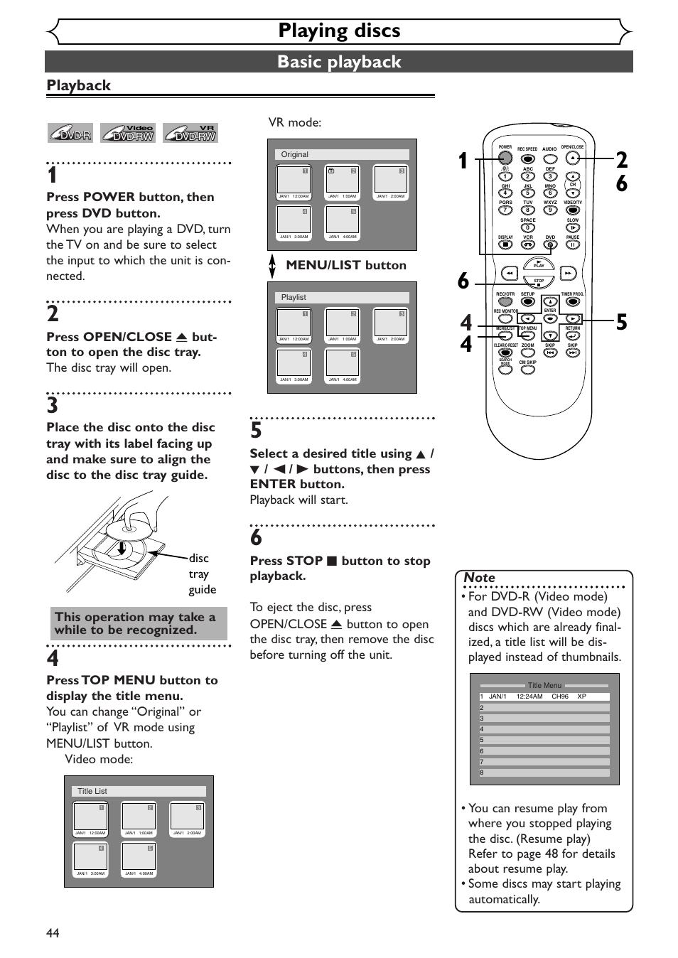 Playing discs, Basic playback, Playback | Sylvania SSR90V4 User Manual | Page 44 / 108