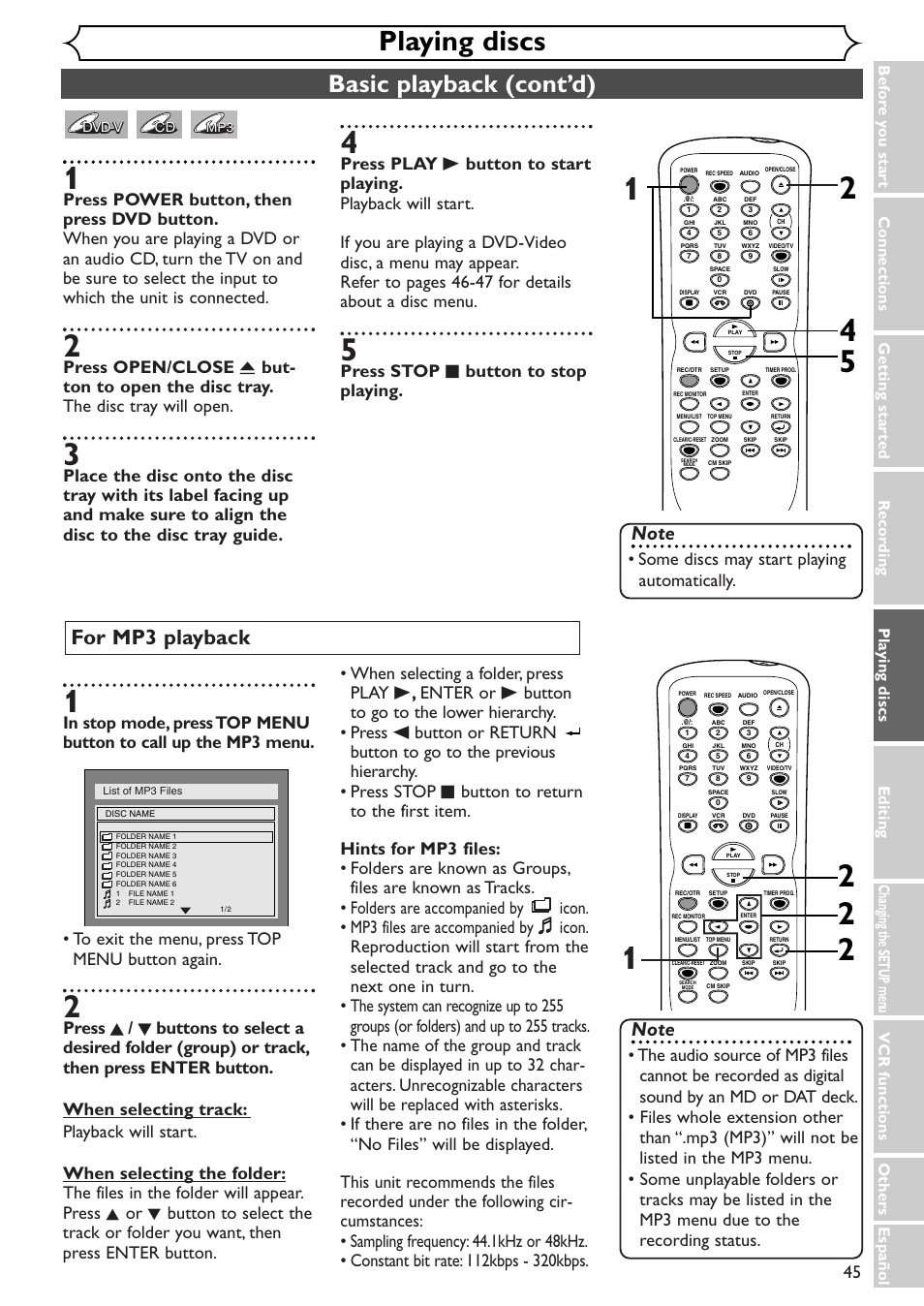 Playing discs, Basic playback (cont’d), For mp3 playback | Press stop c button to stop playing, Some discs may start playing automatically | Sylvania SSR90V4 User Manual | Page 45 / 108