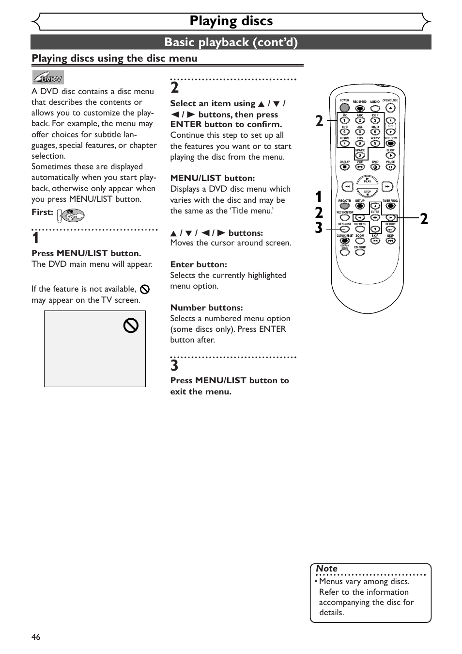 Playing discs, Basic playback (cont’d), Playing discs using the disc menu | Press menu/list button to exit the menu | Sylvania SSR90V4 User Manual | Page 46 / 108