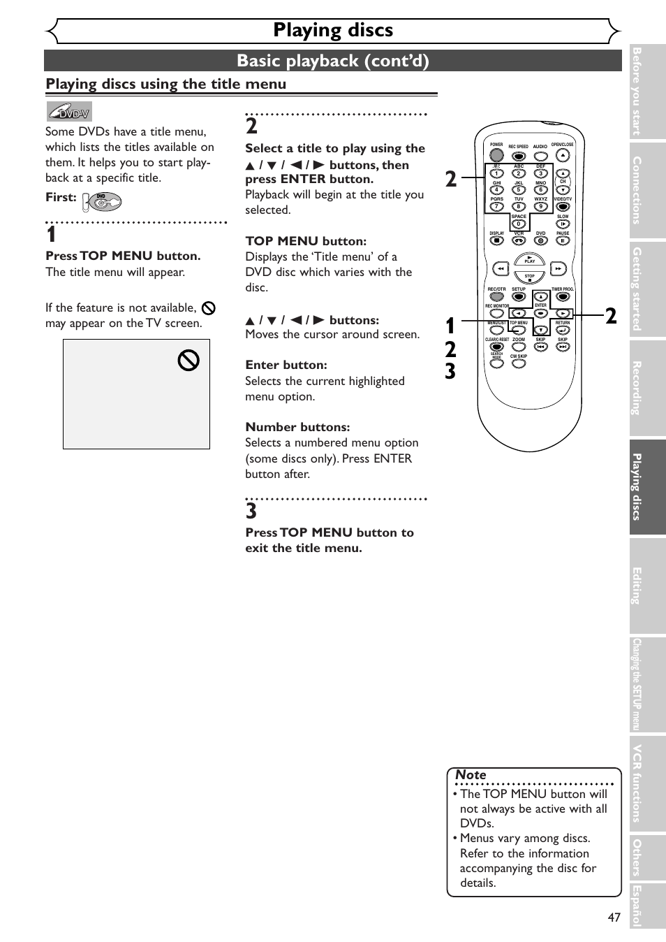 Playing discs, Basic playback (cont’d), Playing discs using the title menu | Press top menu button to exit the title menu | Sylvania SSR90V4 User Manual | Page 47 / 108
