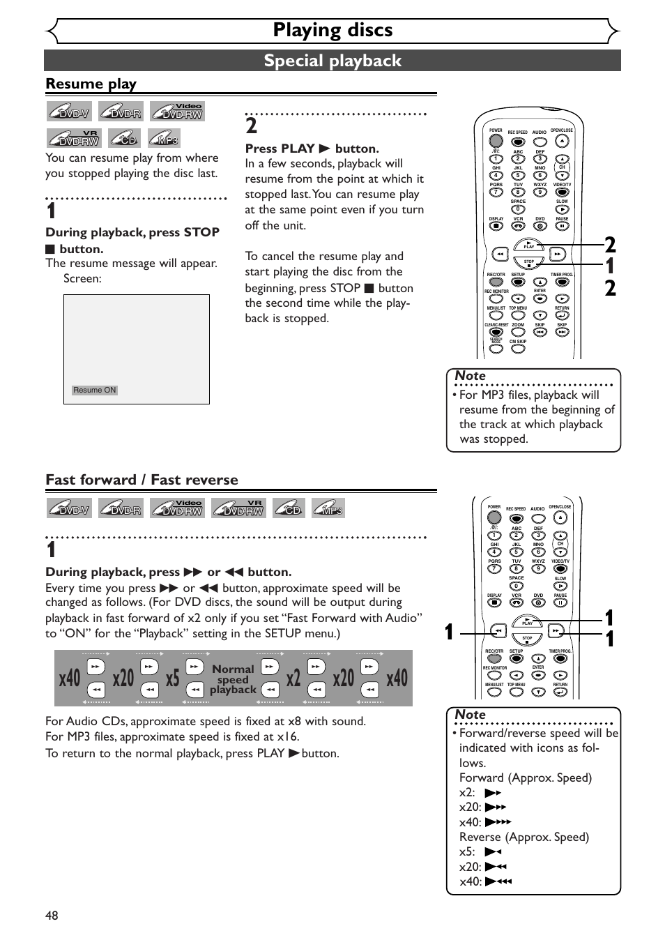 Playing discs, Special playback, Resume play | Fast forward / fast reverse, Normal speed playback | Sylvania SSR90V4 User Manual | Page 48 / 108