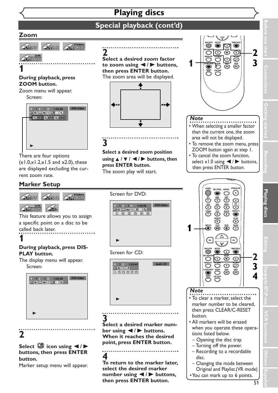 Playing discs, Special playback (cont’d), Zoom | Marker setup | Sylvania SSR90V4 User Manual | Page 51 / 108