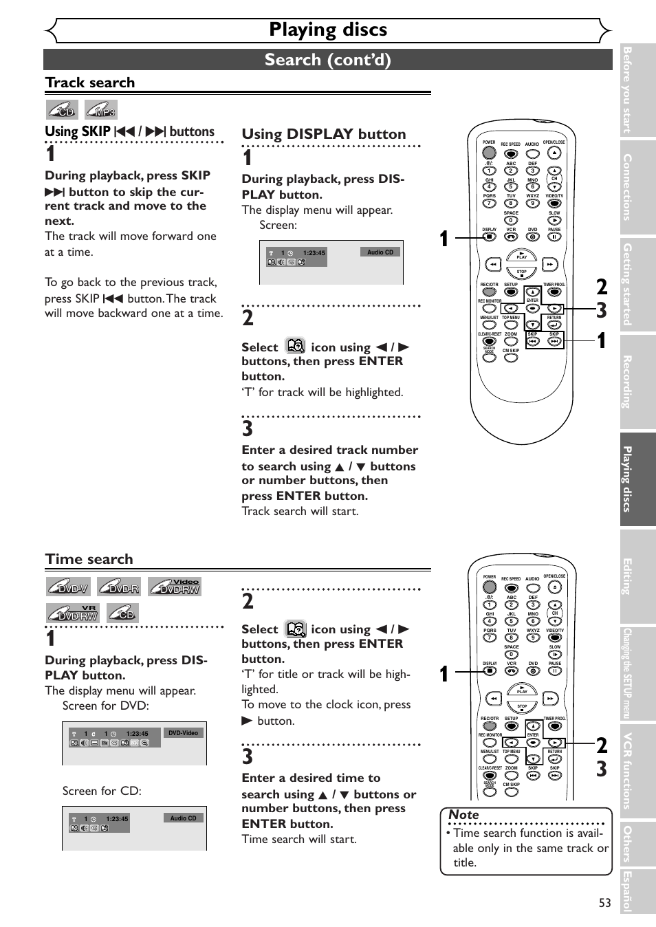 Playing discs, Search (cont’d), Track search using skip h / g buttons | Using display button, Time search | Sylvania SSR90V4 User Manual | Page 53 / 108