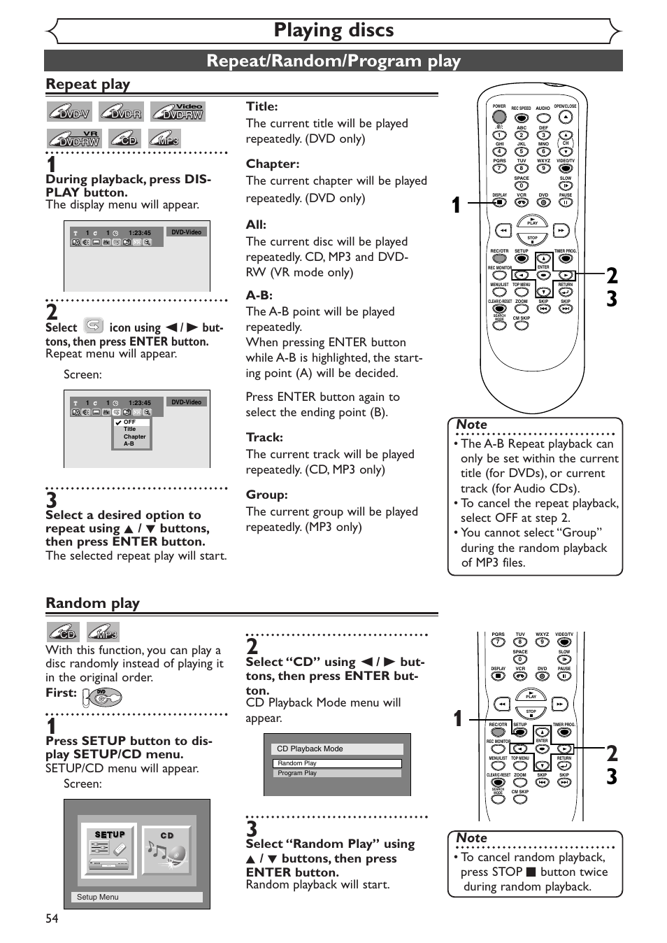 Playing discs, Repeat/random/program play, Repeat play | Random play | Sylvania SSR90V4 User Manual | Page 54 / 108