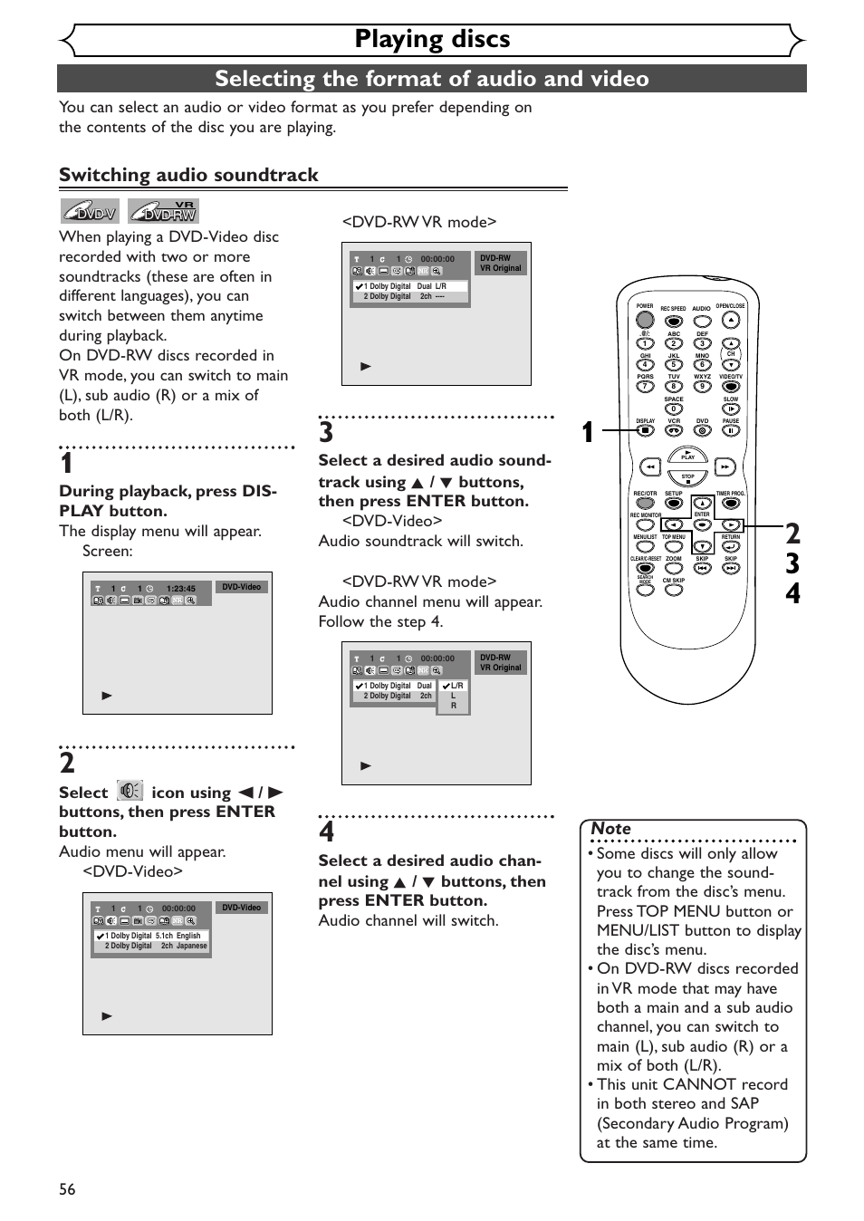 Playing discs, Selecting the format of audio and video, Switching audio soundtrack | Sylvania SSR90V4 User Manual | Page 56 / 108