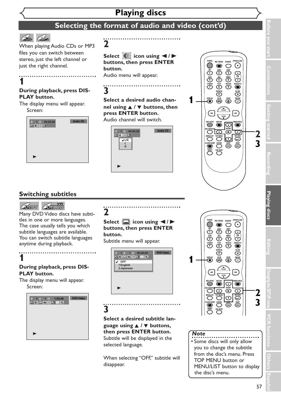 Playing discs, Selecting the format of audio and video (cont’d), Switching subtitles | Sylvania SSR90V4 User Manual | Page 57 / 108