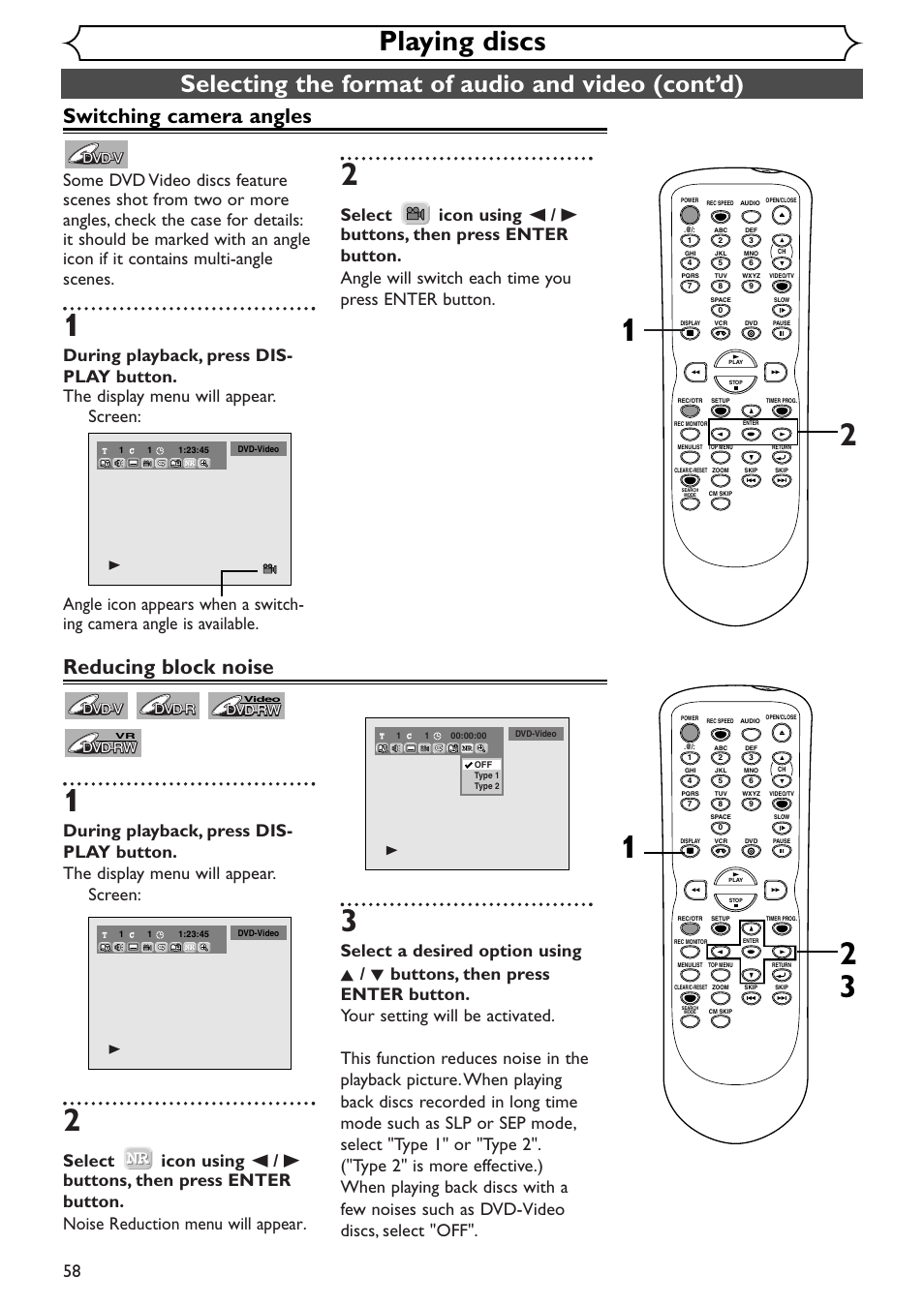 Playing discs, Selecting the format of audio and video (cont’d), Switching camera angles | Reducing block noise | Sylvania SSR90V4 User Manual | Page 58 / 108