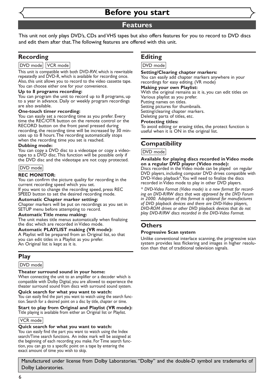 Before you start, Features, Recording | Play, Editing, Compatibility, Others | Sylvania SSR90V4 User Manual | Page 6 / 108