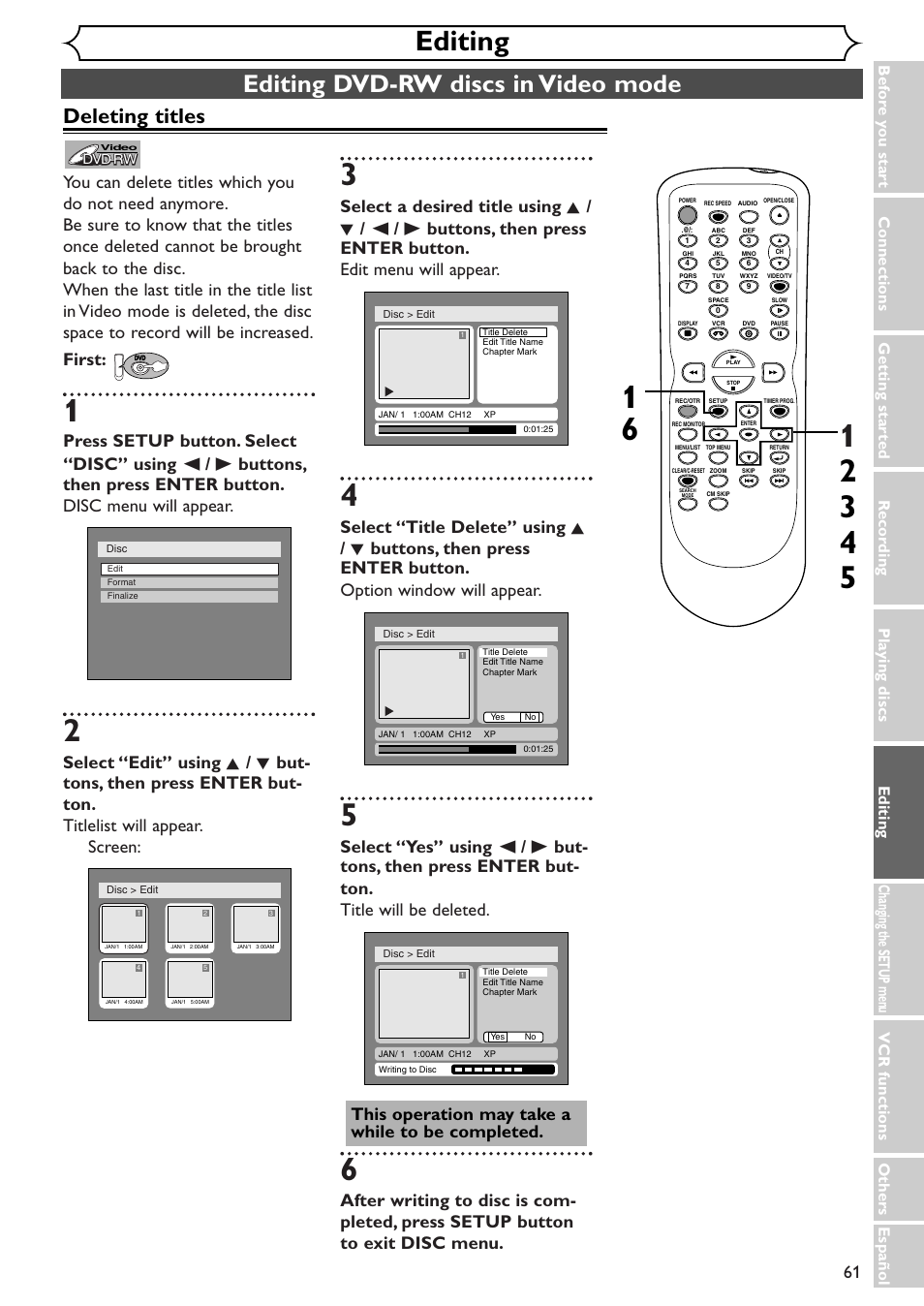 Editing, Editing dvd-rw discs in video mode, Deleting titles | Sylvania SSR90V4 User Manual | Page 61 / 108