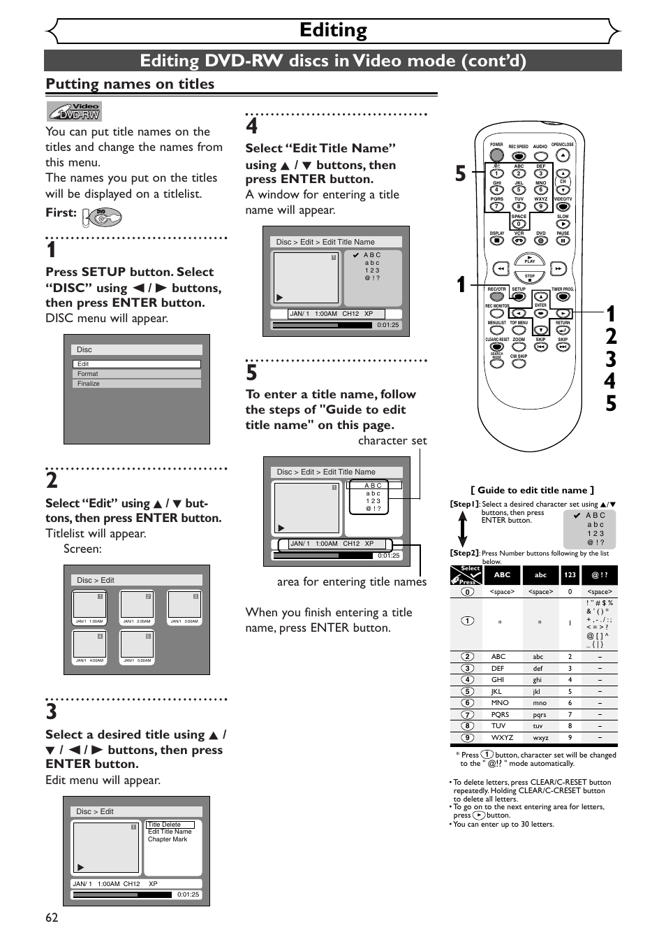 Editing, Editing dvd-rw discs in video mode (cont’d), Putting names on titles | Sylvania SSR90V4 User Manual | Page 62 / 108