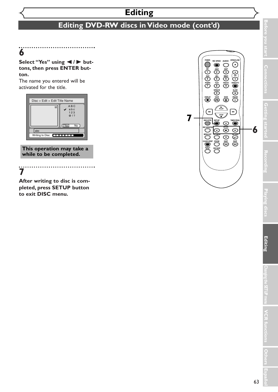 Editing, Editing dvd-rw discs in video mode (cont’d) | Sylvania SSR90V4 User Manual | Page 63 / 108