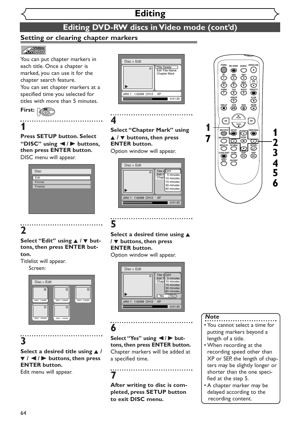 Editing, Editing dvd-rw discs in video mode (cont’d), Setting or clearing chapter markers | Sylvania SSR90V4 User Manual | Page 64 / 108