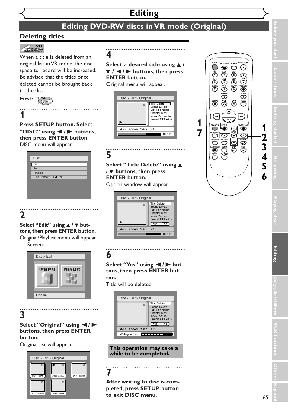 Editing, Editing dvd-rw discs in vr mode (original), Deleting titles | Sylvania SSR90V4 User Manual | Page 65 / 108