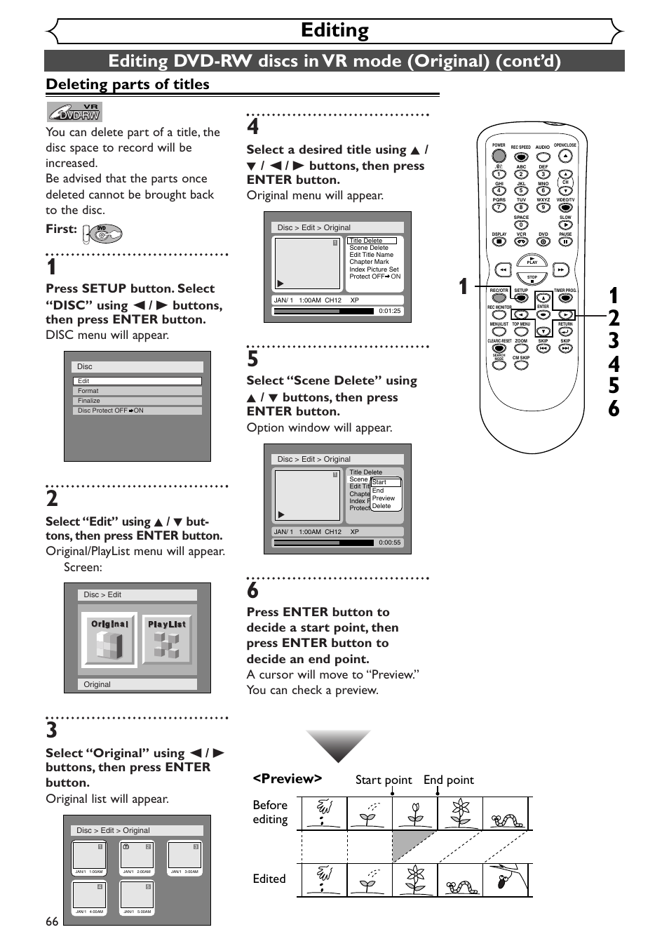 Editing, Deleting parts of titles, Preview | Before editing, Edited start point end point | Sylvania SSR90V4 User Manual | Page 66 / 108