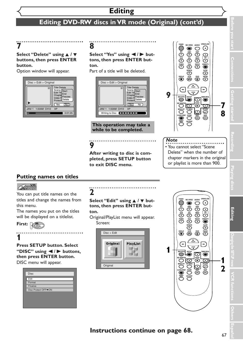 Editing, Instructions continue on page 68, Putting names on titles | Sylvania SSR90V4 User Manual | Page 67 / 108