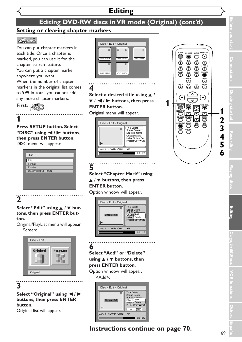 Editing, Setting or clearing chapter markers | Sylvania SSR90V4 User Manual | Page 69 / 108