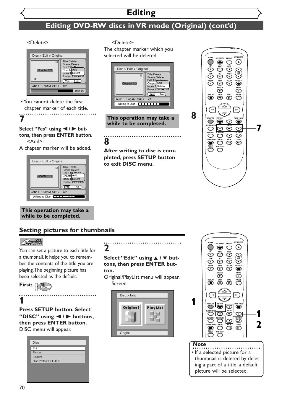 Editing, Setting pictures for thumbnails, This operation may take a while to be completed | Dvd-rw | Sylvania SSR90V4 User Manual | Page 70 / 108