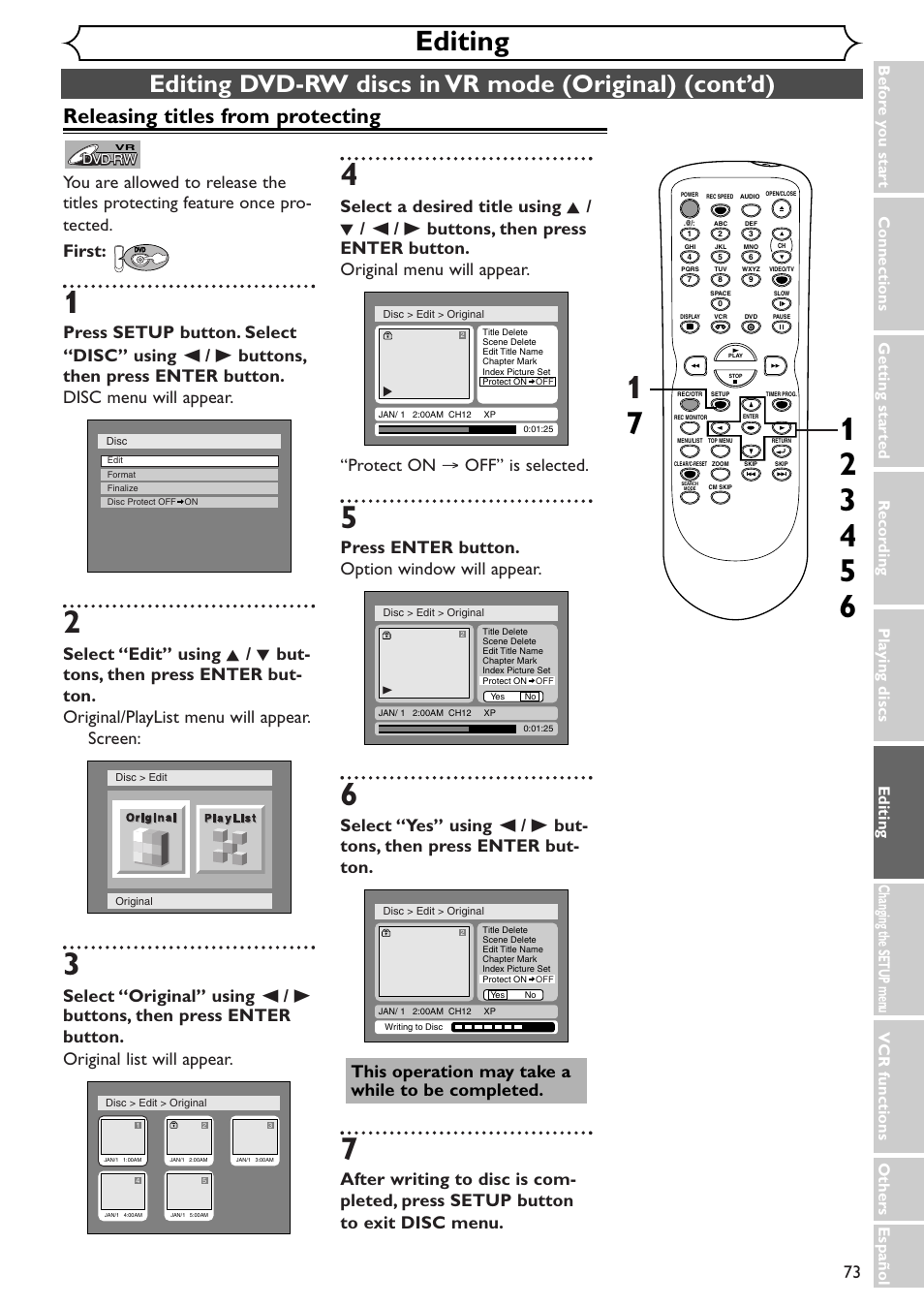 Editing, Releasing titles from protecting, Press enter button. option window will appear | Sylvania SSR90V4 User Manual | Page 73 / 108