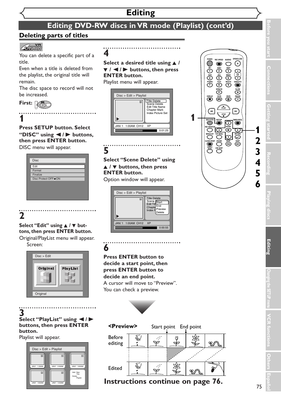 Editing, Instructions continue on page 76, Deleting parts of titles | Preview, Before editing | Sylvania SSR90V4 User Manual | Page 75 / 108