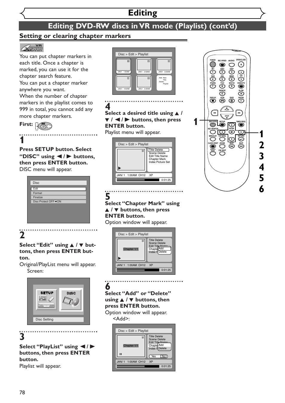 Editing, Setting or clearing chapter markers | Sylvania SSR90V4 User Manual | Page 78 / 108