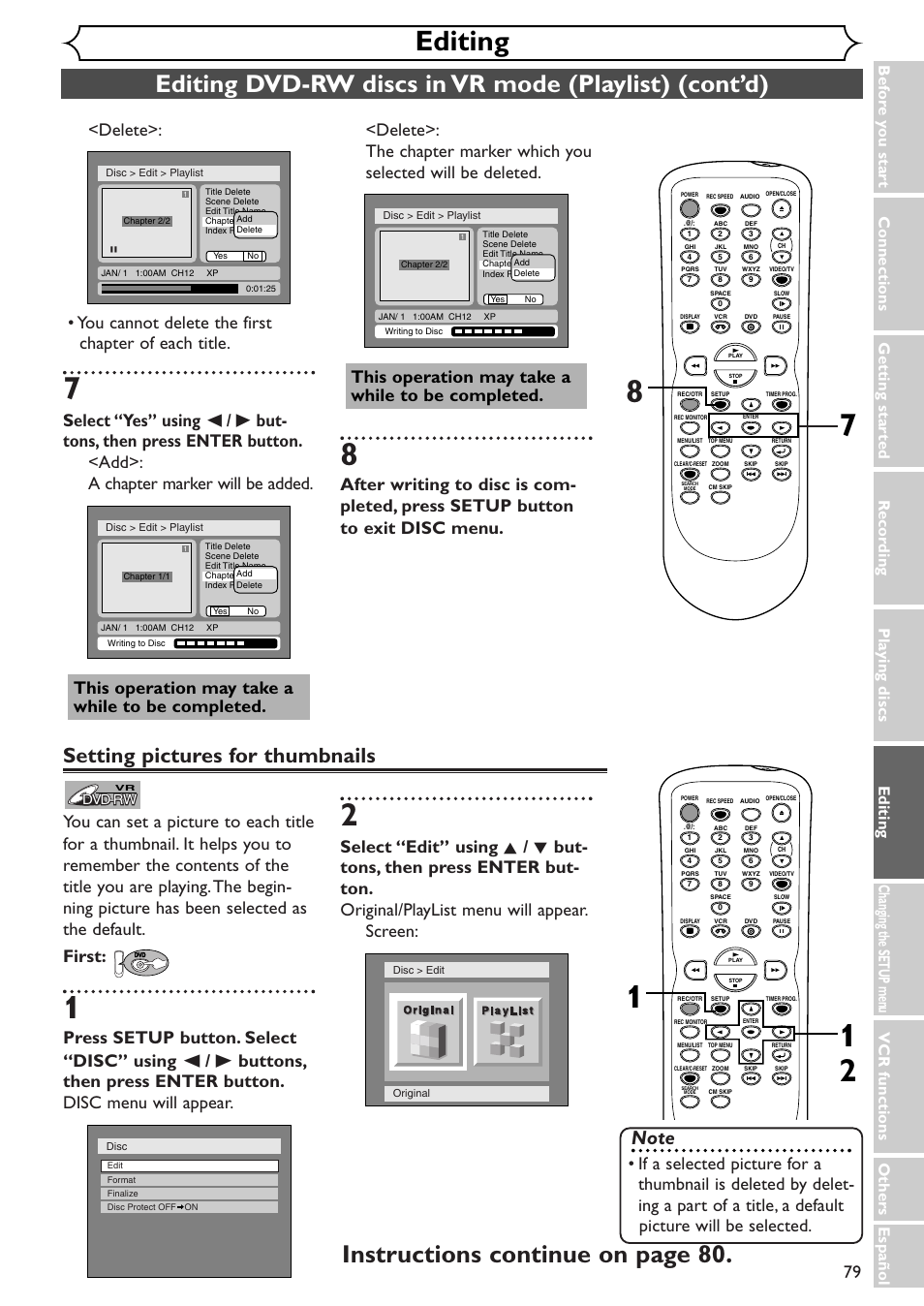 Editing, Instructions continue on page 80, Setting pictures for thumbnails | This operation may take a while to be completed | Sylvania SSR90V4 User Manual | Page 79 / 108