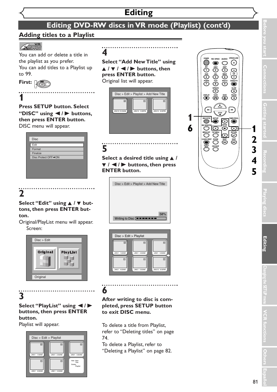 Editing, Adding titles to a playlist | Sylvania SSR90V4 User Manual | Page 81 / 108