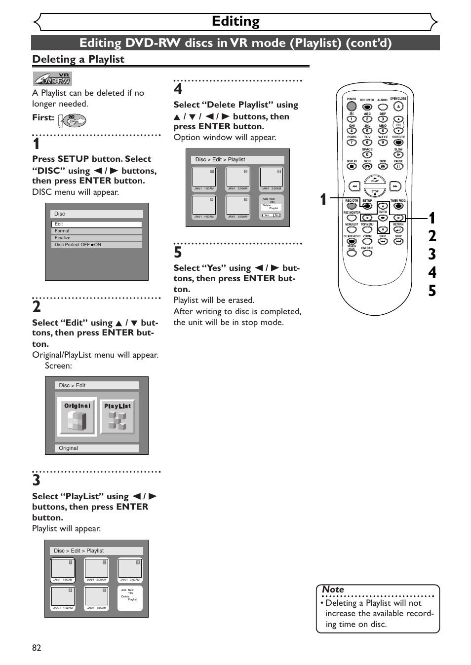 Editing, Deleting a playlist, Dvd-rw | Sylvania SSR90V4 User Manual | Page 82 / 108